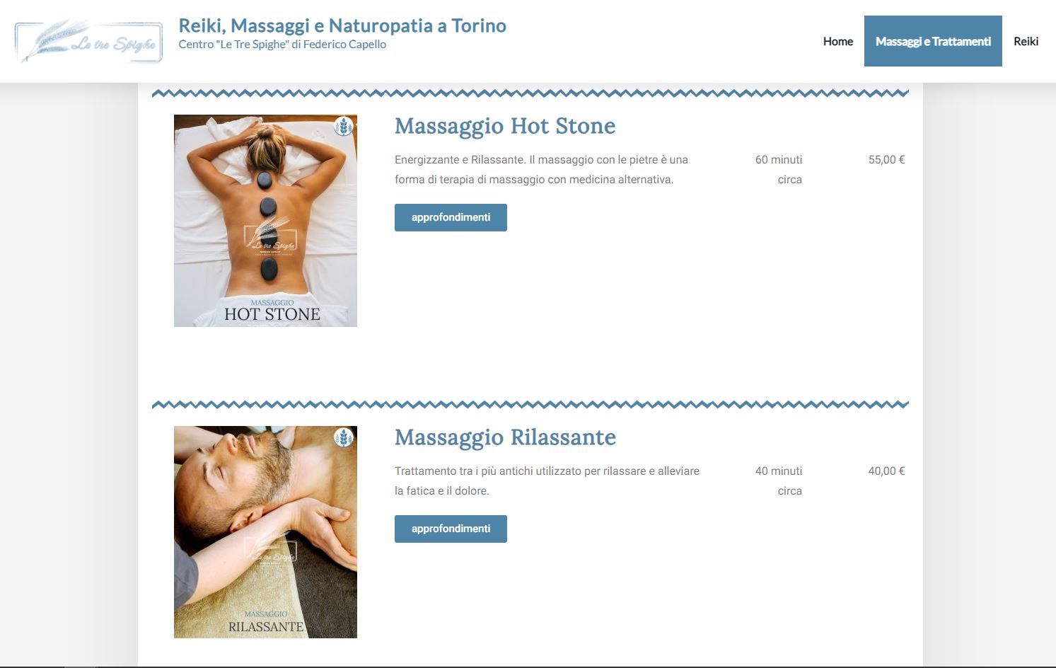 Massaggio hot stone e Massaggio Rilassante (Screenshot Pagina Massaggi e Trattamenti). 