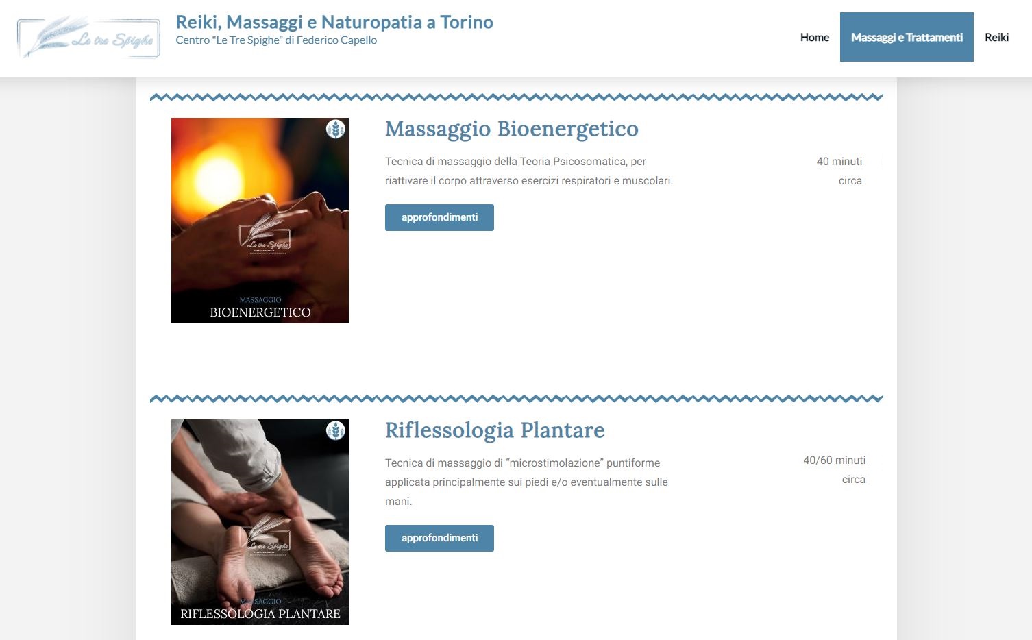 Massaggio Bioenergetico e Massaggio di Riflessologia Plantare (Screenshot Pagina Massaggi e Trattamenti). 