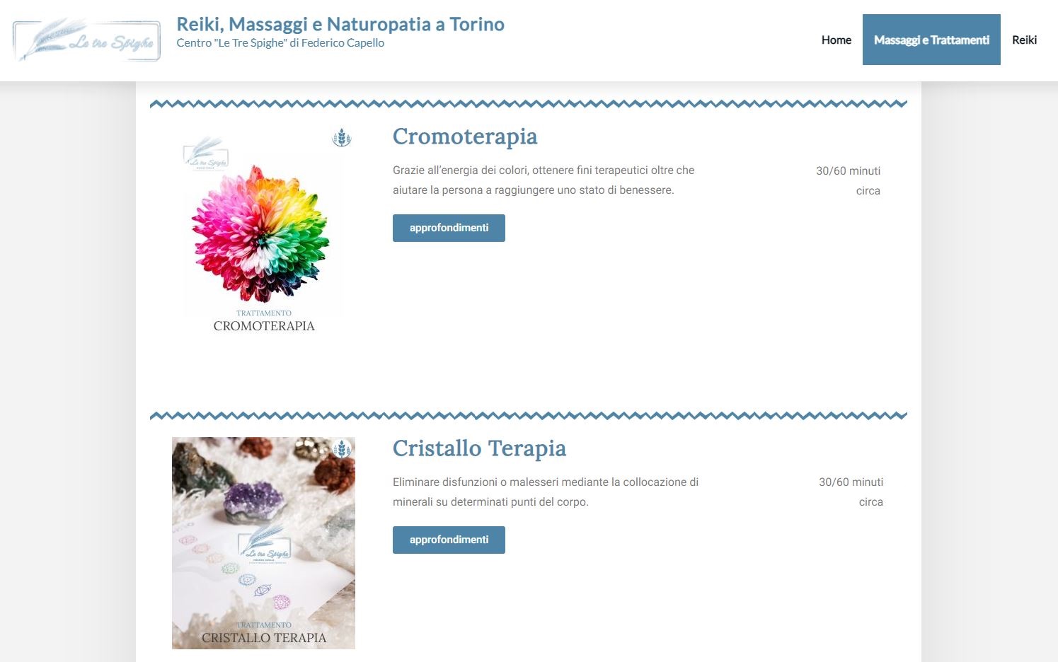 Cromoterapia e Cristalloterapia (Screenshot Pagina Massaggi e Trattamenti). 