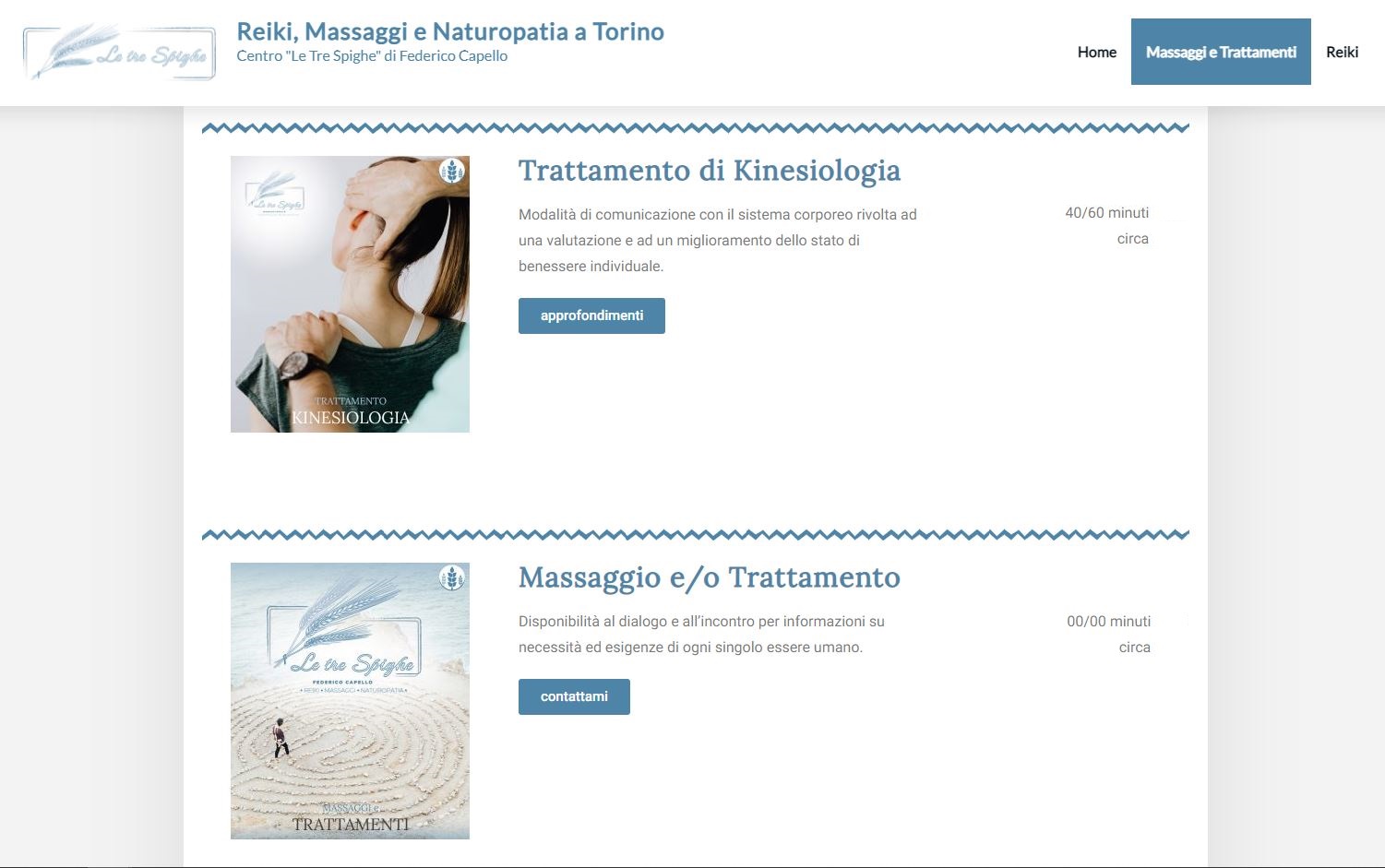 Kinesiologia e Consulenza personalizzata per Massaggi e Trattamenti specifici (Screenshot Pagina Massaggi e Trattamenti). 