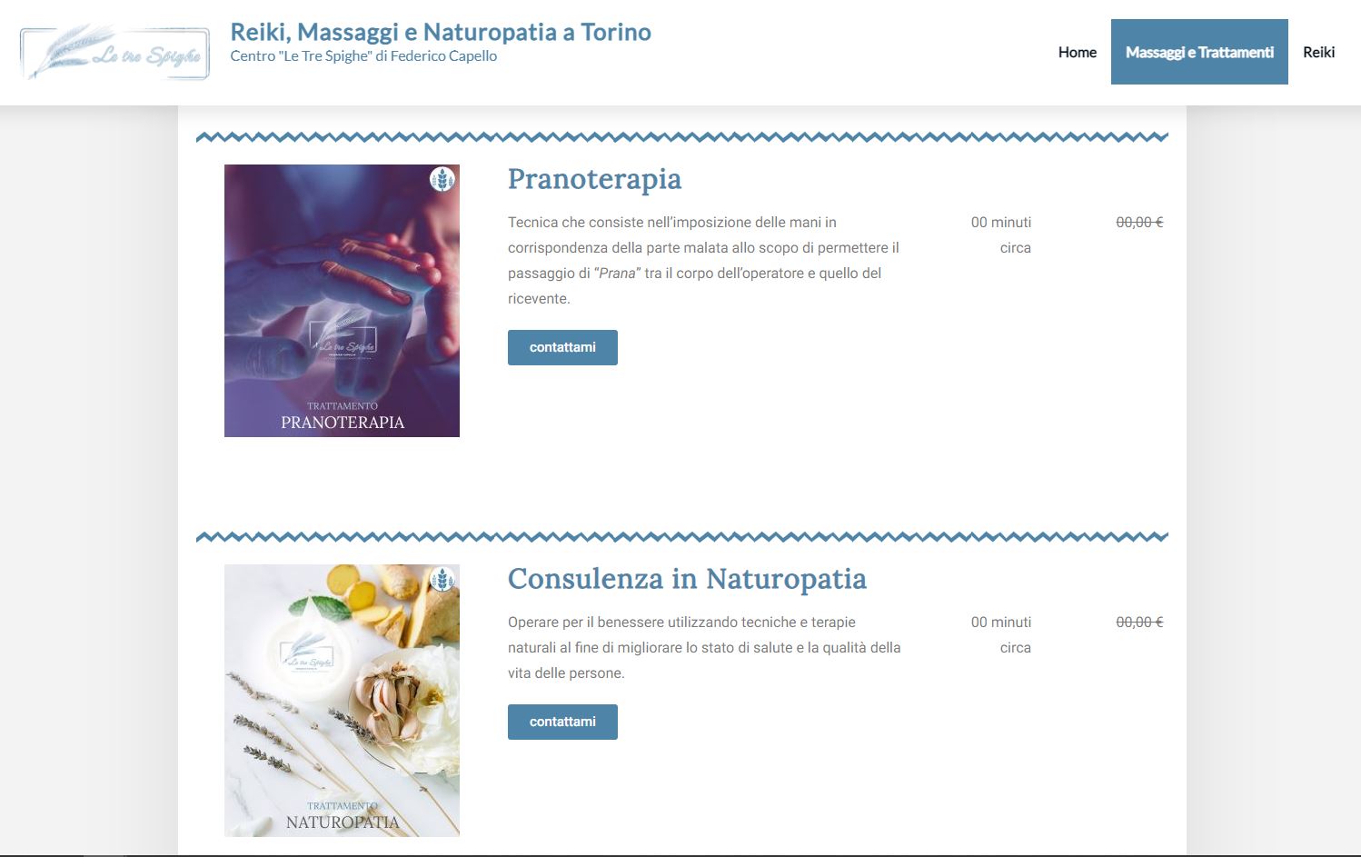Trattamento di Pranoterapia e Consulenza in Naturopatia (Screenshot Pagina Massaggi e Trattamenti).